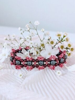 Garnet/Hematite/Czech Glass Seed Beaded Bracelet